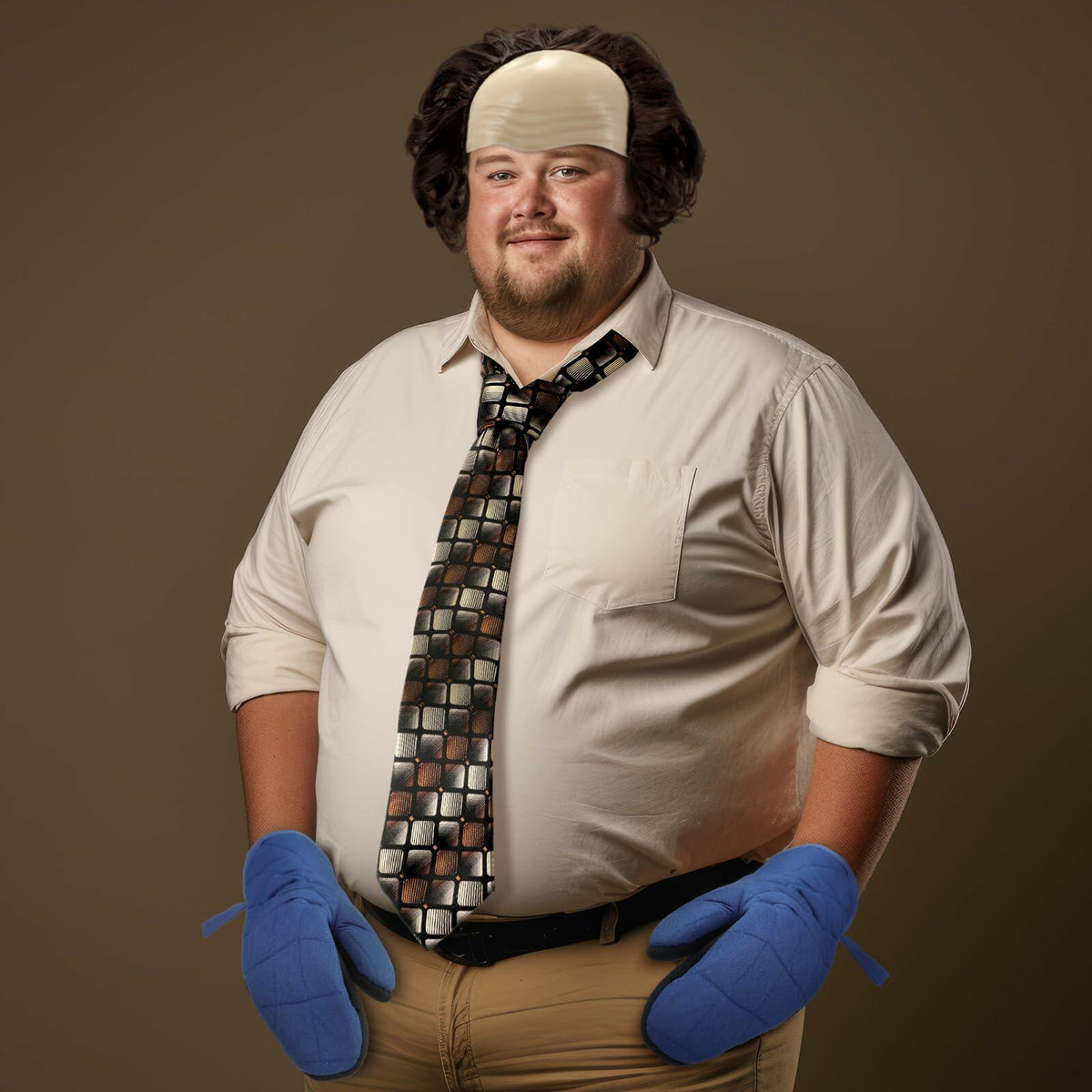 Bald Man Costume Set Brown Wig Bald Cap Gloves One Size