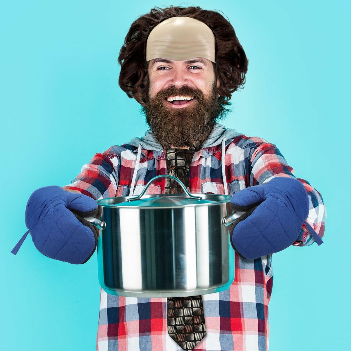 Bald Man Costume Set Brown Wig Bald Cap Gloves One Size