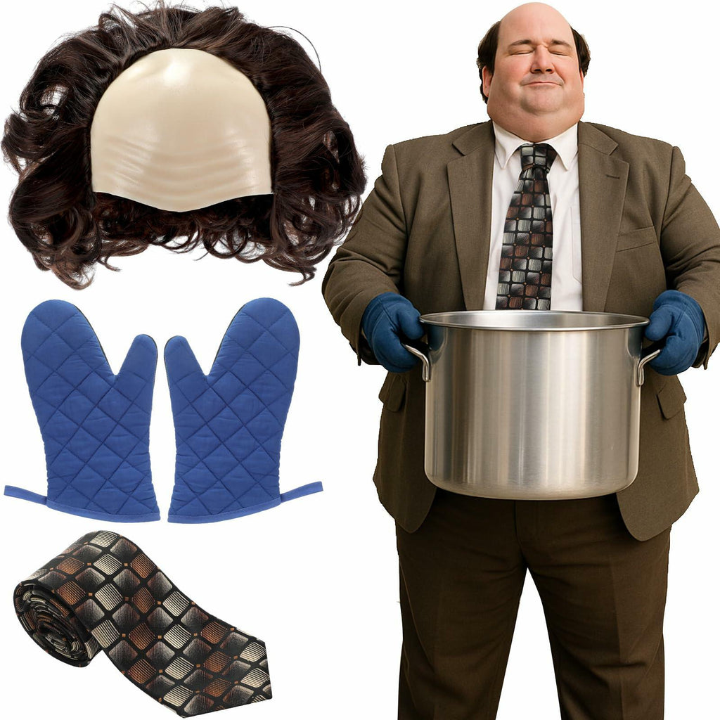 Bald Man Costume Set Brown Wig Bald Cap Gloves One Size