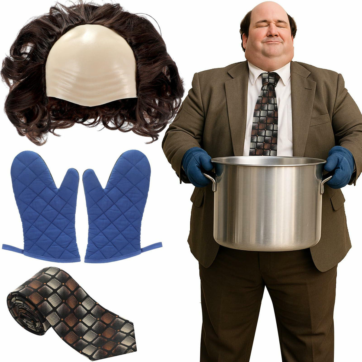 Bald Man Costume Set Brown Wig Bald Cap Gloves One Size