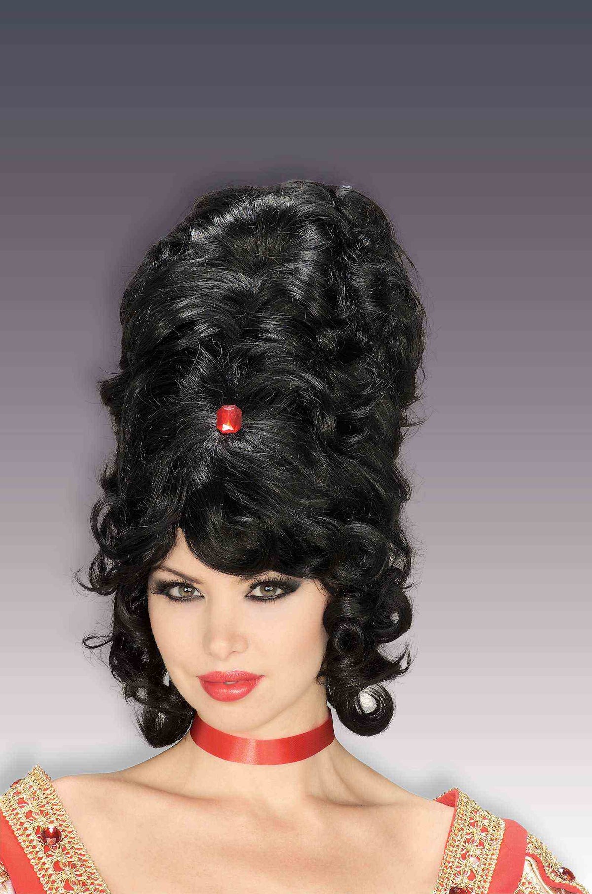 Tall Black Beehive Women's Wig With Red Jewel