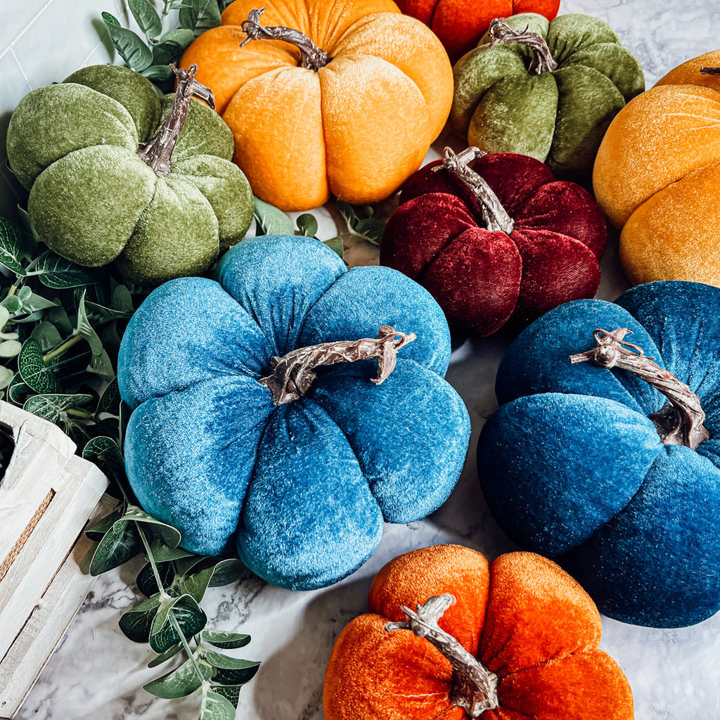 Velvet Pumpkins - Plush Fall Tabletop Decor, Mini Velvet Pumpkins for Mantel