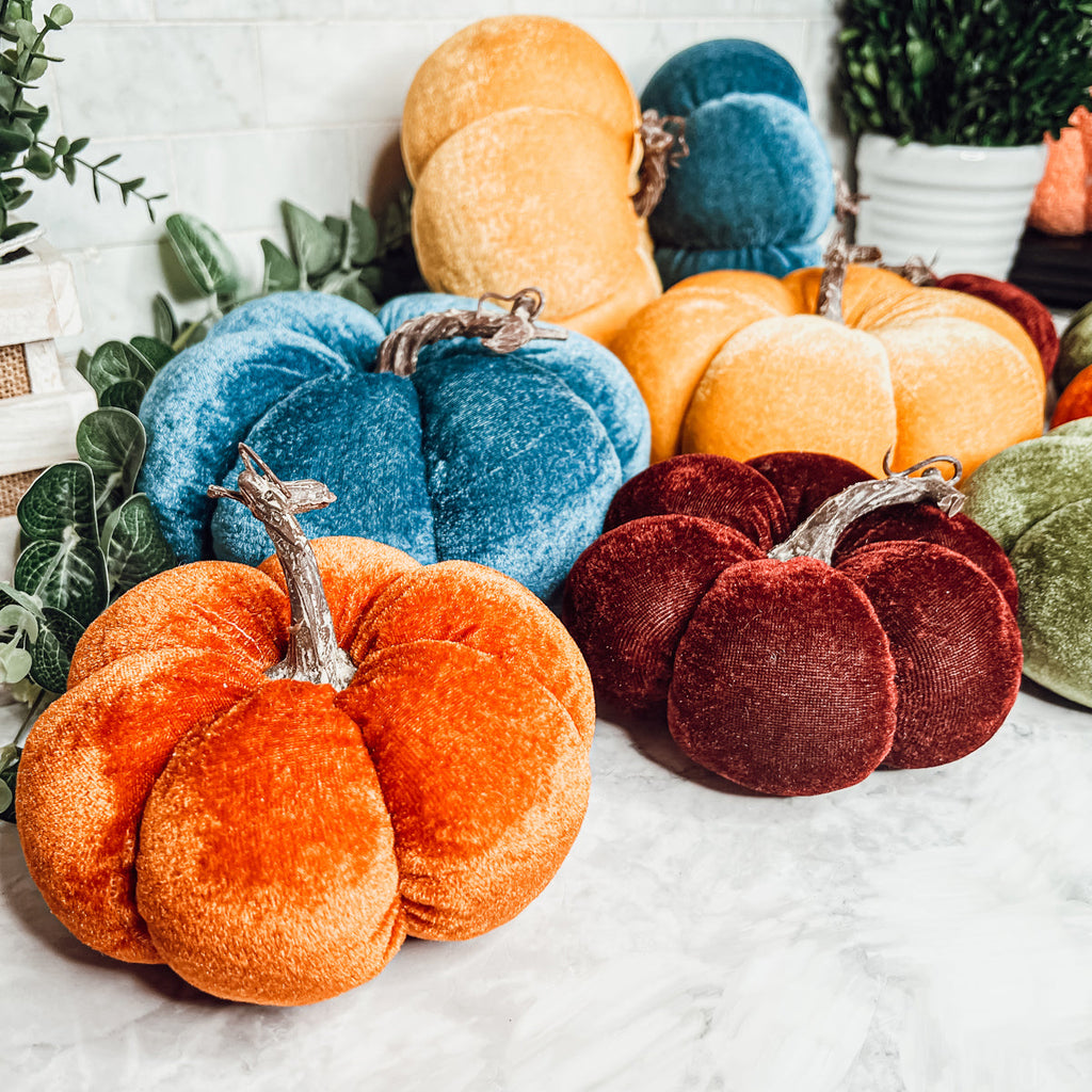Velvet Pumpkins - Plush Fall Tabletop Decor, Mini Velvet Pumpkins for Mantel