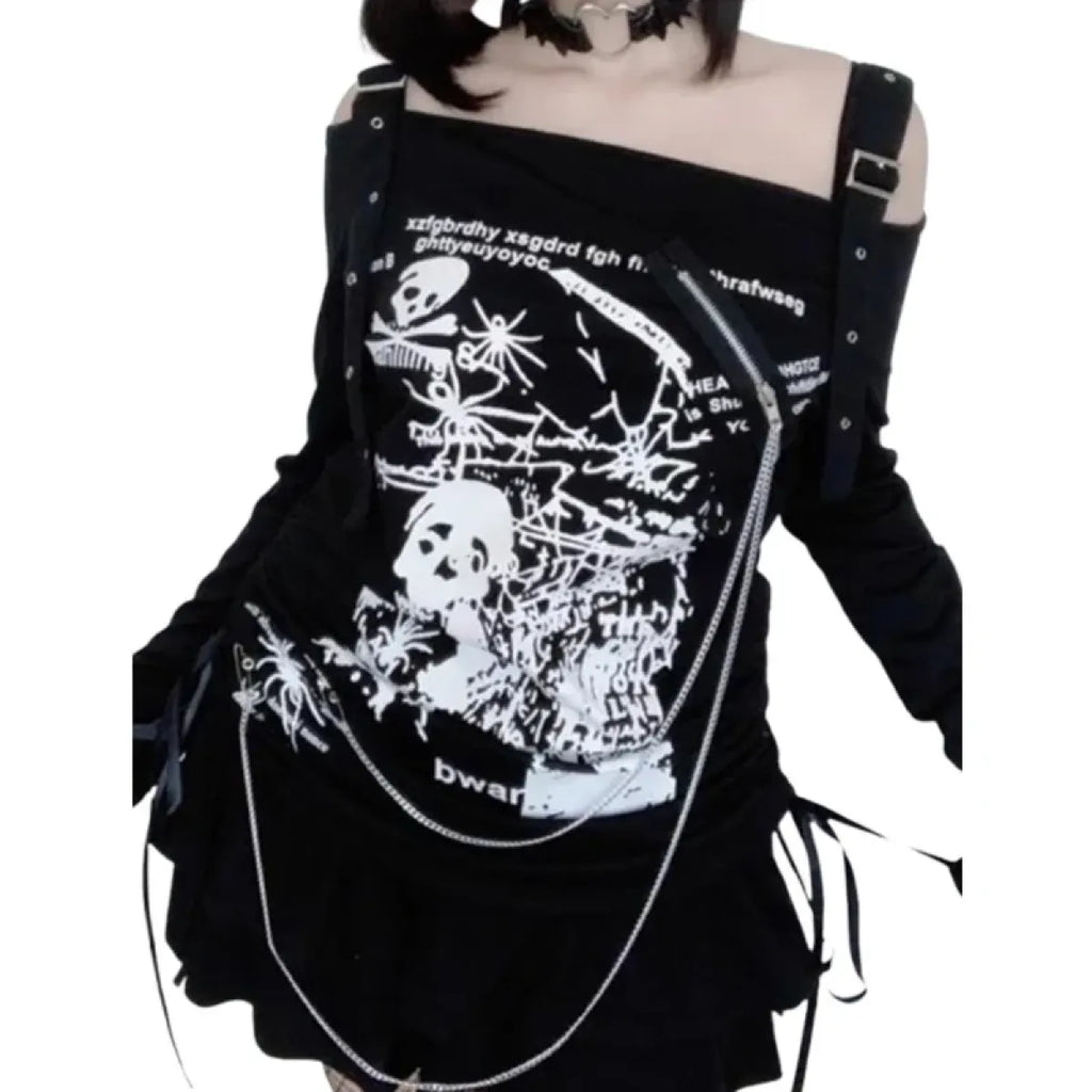 Gothic Punk Skull-Print Off-Shoulder Top
