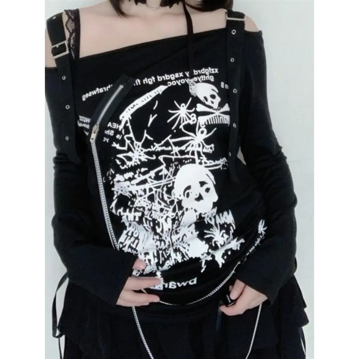 Gothic Punk Skull-Print Off-Shoulder Top