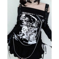 Gothic Punk Skull-Print Off-Shoulder Top