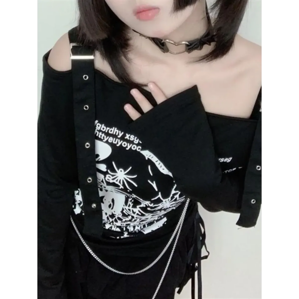 Gothic Punk Skull-Print Off-Shoulder Top